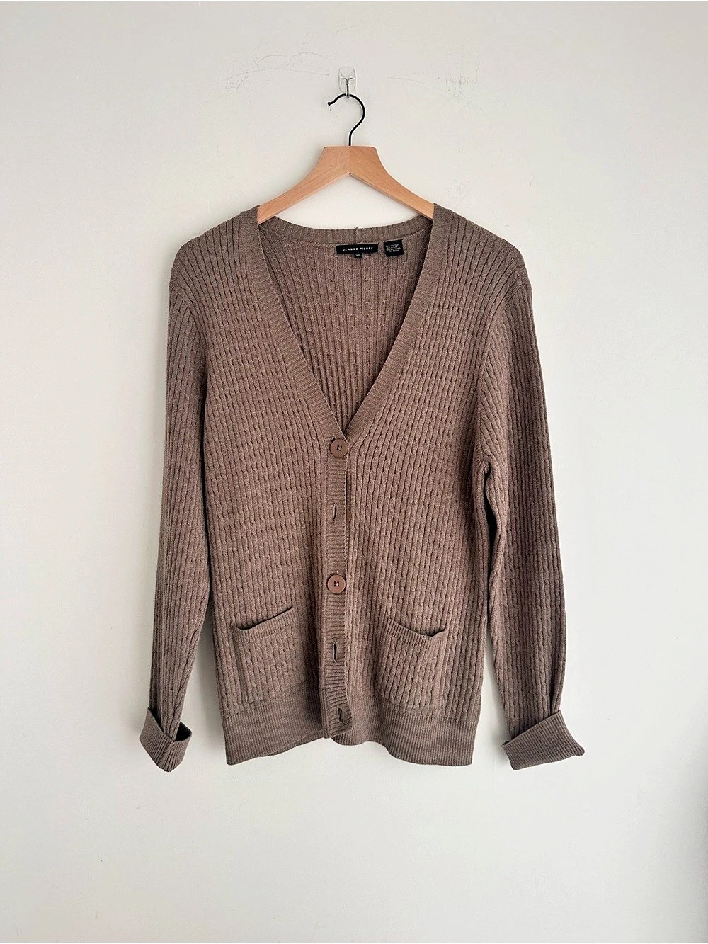 Jeanne Pierre Ribbed V-Neck Cardigan in Brown XL